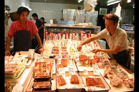 A market stall selling seafood in Osaka
